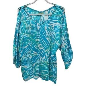 PINEAPPLES Women's Blue Tropical Print Cold Shoulder V Neck Tunic Top Medium